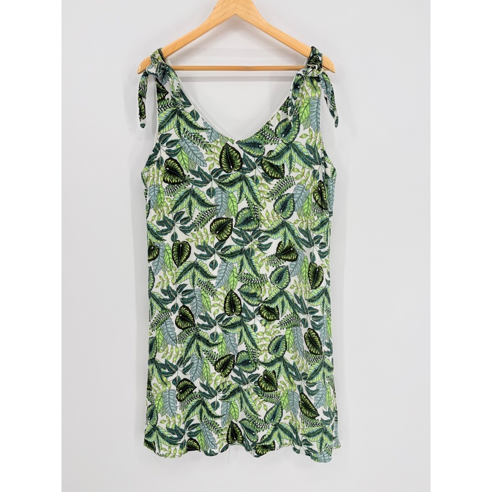 Nina Leonard Tropical Leaf Print Shift Dress Womens 1X Green Tie Shoulder Mini
